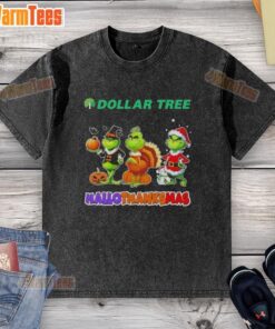 Good Dollar Tree X Grinch cosplay shirt for Happy HalloThanksMas featuring festive design and vibrant colors.