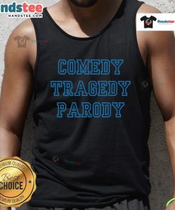 Dominic Fike wearing a 'Comedy Tragedy Parody' tank top, showcasing a stylish blend of humor and fashion.