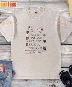 Good Estonia Norway Sweden Denmark Finland Germany Russia England washed t-shirt showcasing a colorful travel theme.