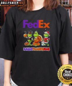 Good FedEx X Grinch Cosplay Happy HalloThanksMas Ladies Tee featuring festive design and vibrant colors for holiday cheer.