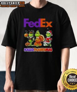 Good FedEx X Grinch Cosplay Happy Hallothanksmas T-Shirt featuring festive design for holiday celebrations.