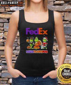 Happy HalloThanksMas tank top featuring FedEx and Grinch cosplay design for festive holiday fun and celebration.