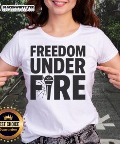 Good Freedom Under Fire Charlie Kirk Ladies Tee featuring bold graphic design promoting freedom and individuality.