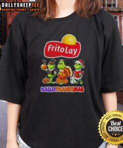Happy HalloThanksMas ladies tee featuring Good Frito-Lay X Grinch cosplay design, perfect for festive celebrations.