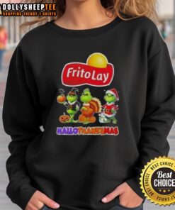 Cozy Good Frito Lay X Grinch cosplay sweatshirt for Happy HalloThanksMas, featuring festive colors and playful design.