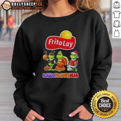 Cozy Good Frito Lay X Grinch cosplay sweatshirt for Happy HalloThanksMas, featuring festive colors and playful design.