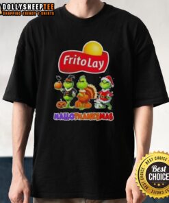 Good Frito Lay X Grinch cosplay T-shirt celebrating Hallothanksmas with festive designs and vibrant colors.