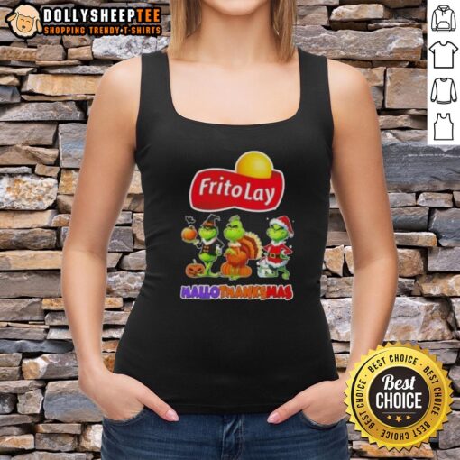 Good Frito Lay X Grinch cosplay tank top for Happy HalloThanksMas, featuring colorful graphics and festive design.