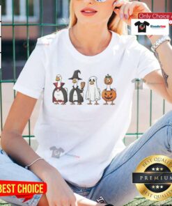 Good Geese dress up as Halloween characters on a ladies tee, showcasing festive and fun designs for the season.