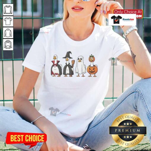Good Geese dress up as Halloween characters on a ladies tee, showcasing festive and fun designs for the season.