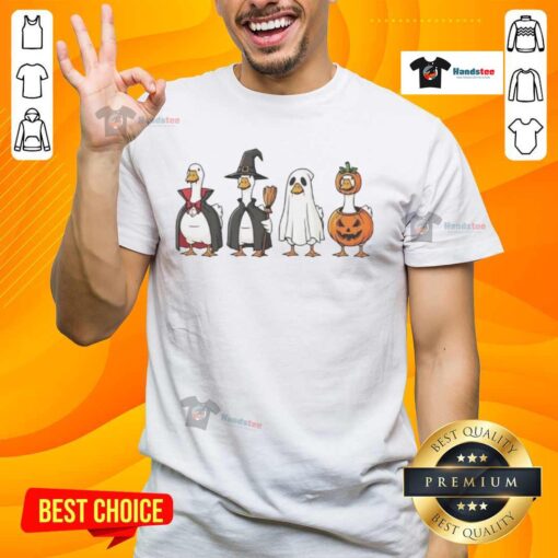 Good geese dressed up in a Halloween character t-shirt, showcasing a fun and festive look for the spooky season.