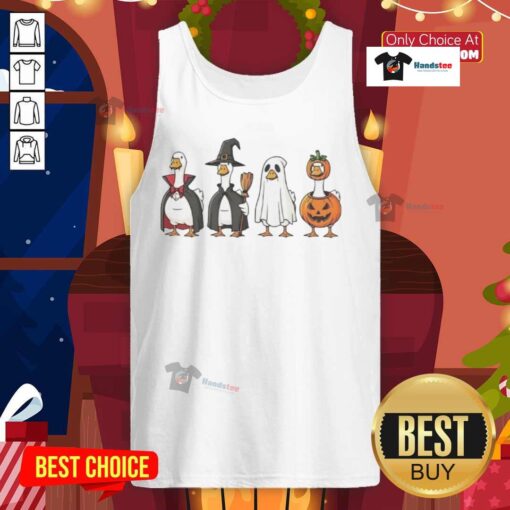 Good geese dressed up in Halloween character tank tops, showcasing festive spirit and fun costume ideas for Halloween.