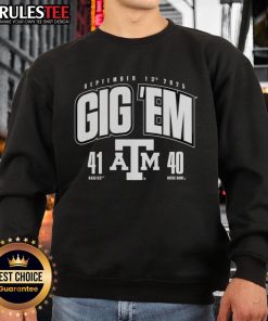 Texas A&M Aggies vs. Notre Dame Fighting Irish 2025 sweatshirt celebrating the thrilling 41-40 game score.