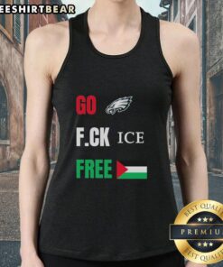 Philadelphia Eagles tank top featuring 'Good Go Birds' and 'Ice Free Palestine' designs, perfect for fans and activists.