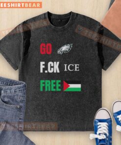 Alt Text: Good Go Birds F.C.K. Ice Free Palestine flag graphic on a Philadelphia Eagles washed t-shirt for fans.