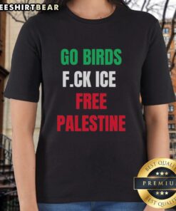 Good Go Birds F.C.K Ice Free Palestine shirt worn by Hannah Einbinder, showcasing a bold statement in women's fashion.