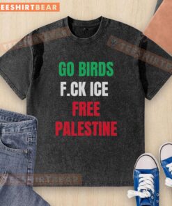 Good Go Birds F.Ck Ice Free Palestine shirt worn by Hannah Einbinder, showcasing a stylish Emmy washed t-shirt design.