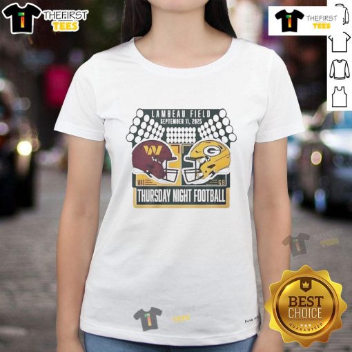 Alt Text: Good Green Bay Packers vs Washington Commanders Thursday Night Football helmet ladies tee, perfect for game day.