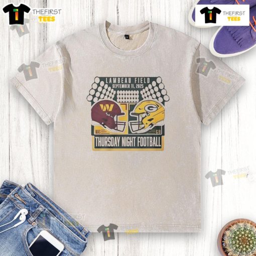 Good Green Bay Packers vs Washington Commanders helmet washed t-shirt showcasing team logos for Thursday Night Football.