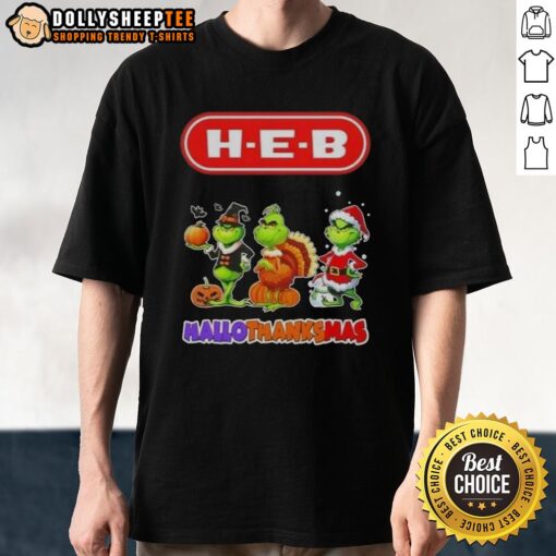 Alt Text: Good H-E-B X Grinch Cosplay Happy Hallothanksmas T-Shirt featuring festive design and vibrant colors.