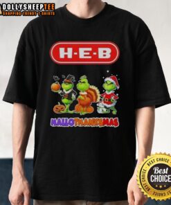 Alt Text: Good H-E-B X Grinch Cosplay Happy Hallothanksmas T-Shirt featuring festive design and vibrant colors.
