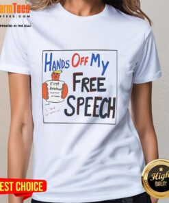 Good Hands Off My Free Speech Trump cartoon on a ladies tee, showcasing a bold political statement in vibrant colors.