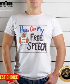 Good Hands Off My Free Speech Trump Cartoon T-Shirt featuring a bold graphic and humorous design advocating for free speech.