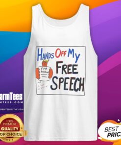 Trump cartoon tank top featuring 'Good Hands Off My Free Speech' slogan, perfect for political statement and free speech supporters.