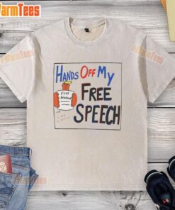 Good Hands Off My Free Speech Trump cartoon on a washed T-shirt, showcasing bold political expression and humor.
