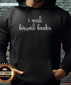 Alt Text: Heather Dubrow wearing a 'I Read Banned Books' hoodie, showcasing a trendy design and promoting literary freedom.