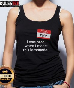 Mike wearing a 'Good Hello My Name Is Mike' lemonade tank top, showcasing a fun summer style and vibrant colors.