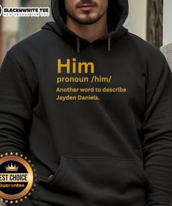 Jayden Daniels wearing a 'Good Him' hoodie, showcasing stylish streetwear with a positive message about self-identity.