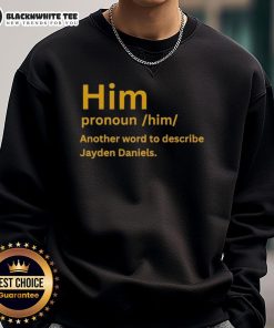 Jayden Daniels wearing a 'Good Him' sweatshirt, showcasing pride in his identity and style. Perfect for fans and supporters.