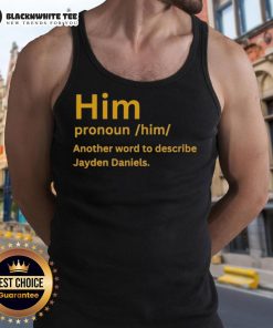 Jayden Daniels wearing a stylish tank top, showcasing the 'Good Him' pronoun design in vibrant colors.