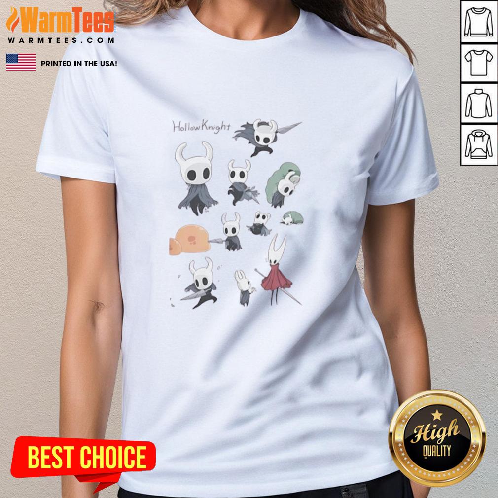 Good Hollow Knight Chibi Ladies Tee Alt Text: Cute chibi-style ladies from Hollow Knight on a stylish tee, perfect for fans of the game and unique fashion lovers.
