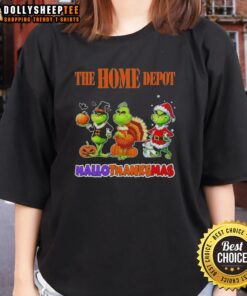 Happy HalloThanksMas ladies tee featuring Good Home Depot x Grinch cosplay design, perfect for festive celebrations.