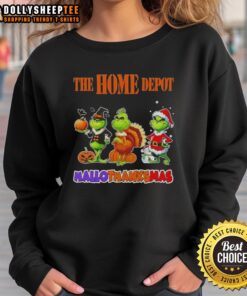 Happy HalloThanksMas sweatshirt featuring Good Home Depot X Grinch cosplay design, perfect for festive celebrations.