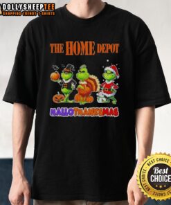 Good Home Depot X Grinch Cosplay Happy Hallothanksmas T-Shirt featuring festive design for holiday celebrations.