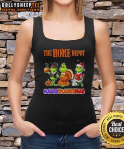 Happy HalloThanksMas tank top featuring Good Home Depot X Grinch cosplay design, perfect for festive celebrations.