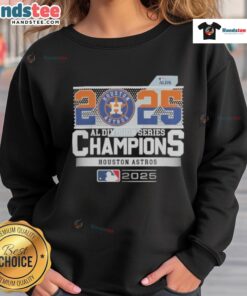 Alt Text: Houston Astros 2025 MLB Postseason AL Division Series Champions celebration sweatshirt featuring team logo and vibrant colors.