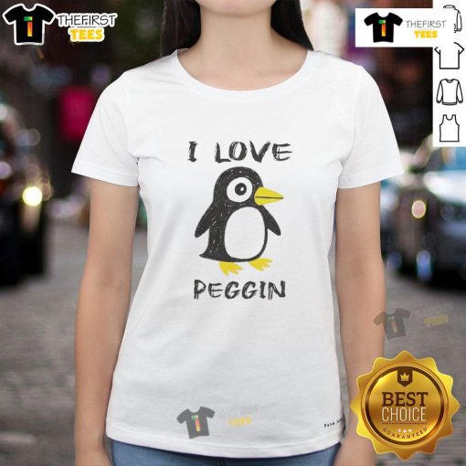 Good I Love Pegging Penguin Ladies Tee featuring a cute penguin design, perfect for fun and quirky casual wear.