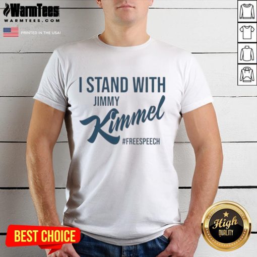 Good I Stand With Jimmy Kimmel Free Speech T-Shirt featuring bold text design promoting free speech awareness.