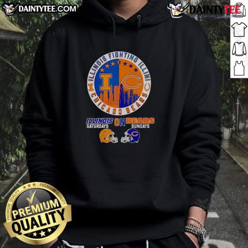Good Illinois Fighting Illini on Saturdays and Chicago Bears on Sundays skyline hoodie showcasing team spirit.