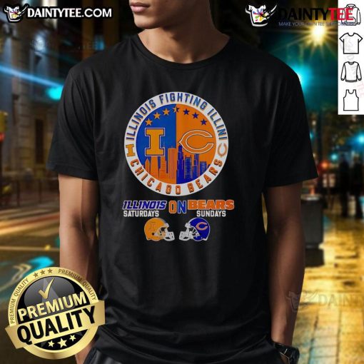Good Illinois Fighting Illini on Saturdays, Chicago Bears on Sundays skyline t-shirt featuring team logos and city skyline.