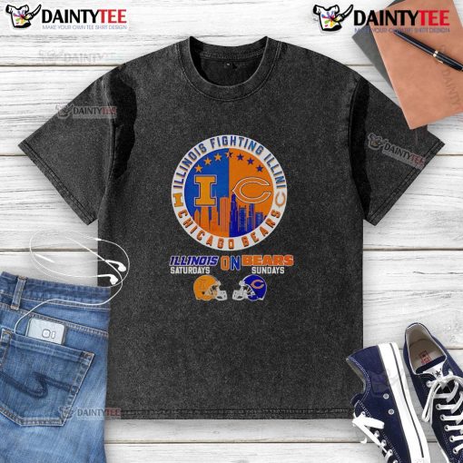 Alt Text: Good Illinois Fighting Illini on Saturdays, Chicago Bears on Sundays skyline washed t-shirt design for sports fans.