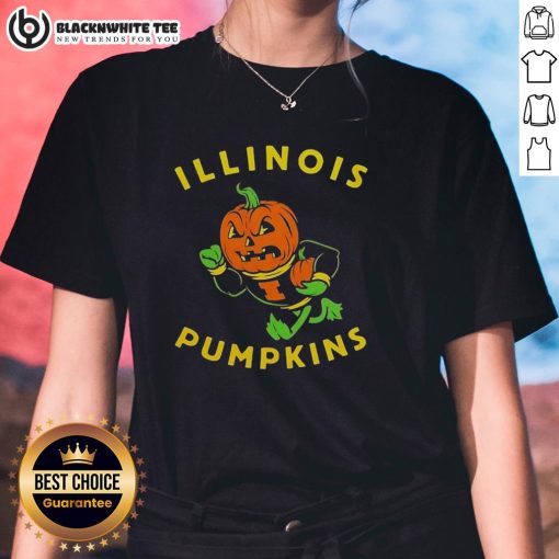Illinois Fighting Illini mascot with pumpkins for Halloween on a ladies tee, perfect for fall festivities.