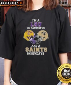 Womens 'Good I'm A LSU on Saturdays and A Saints on Sundays' football helmet tee, perfect for game day spirit.