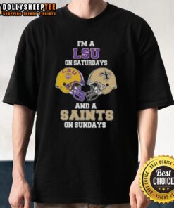 LSU on Saturdays, Saints on Sundays football helmet t-shirt, showcasing team spirit for college and NFL fans.