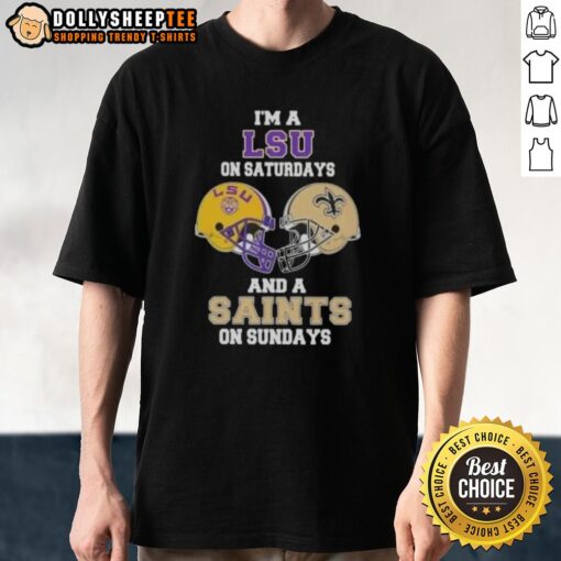 LSU on Saturdays, Saints on Sundays football helmet t-shirt, showcasing team spirit for college and NFL fans.
