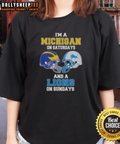 Alt Text: Ladies tee featuring a football helmet design with 'Good I'm A Michigan on Saturdays, a Lions on Sundays' slogan.